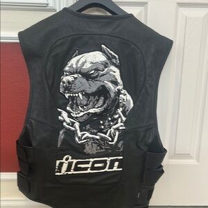 ICON Black Leather Riding Vest with Fierce Dog Design 2x-3x